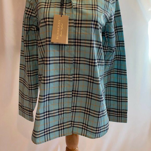 Burberry London Womens Crow Plaid Shirt Blouse Size SMALL NWT Bright Aqua $350 - Picture 2 of 8